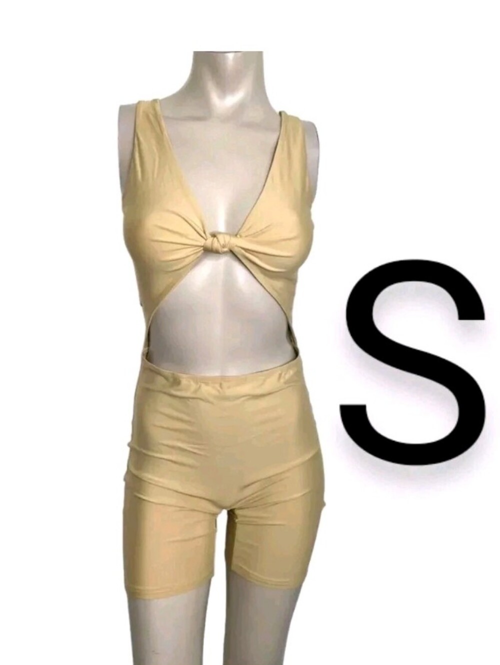🆕Cream Tan Beige Cut Out Front Knot Stretchy Spandex Bodycon Romper~Size S